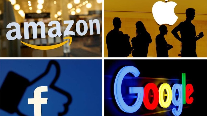 Logos of Amazon, Apple, Facebook and Google.