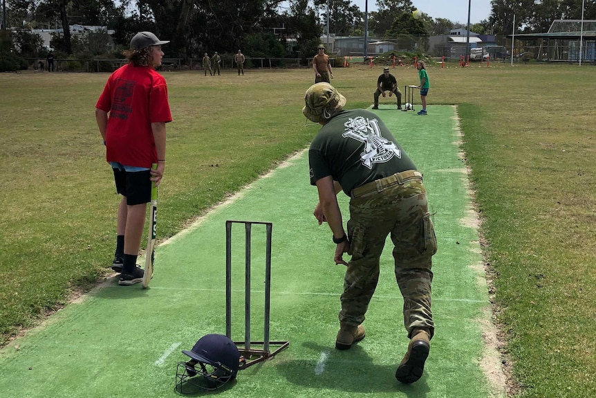 The cricket pitch at a game between kids from Mallacoota verses members of the Army,