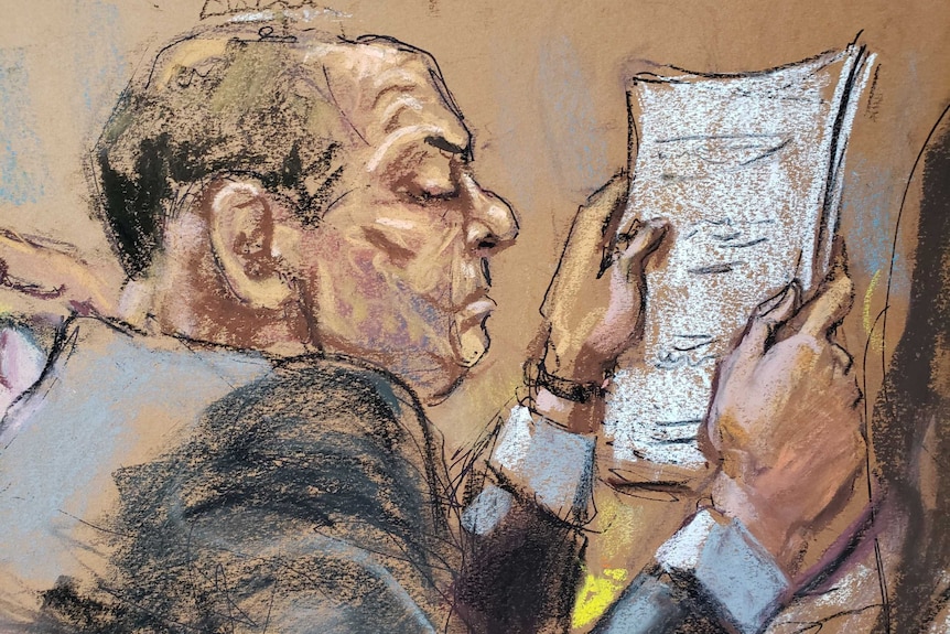 A court sketch of Harvey Weinstein reading papers in court.