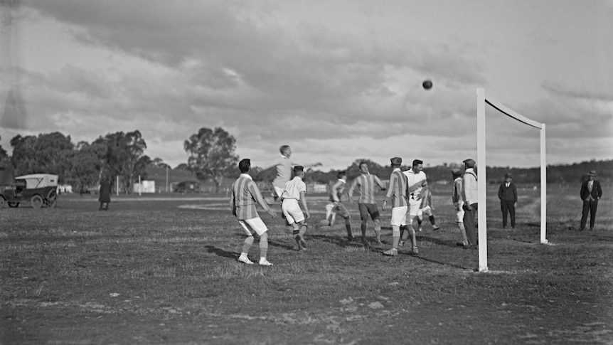 A game of football being played at the Acton sportsground in the 1920s