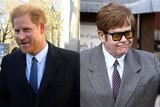 A spliced image of both Prince Harry and Elton John arriving to court. Both outside. 
