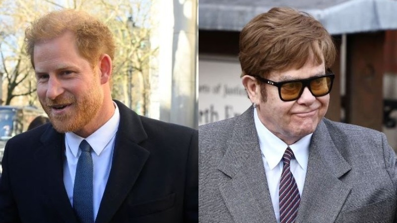 A spliced image of both Prince Harry and Elton John arriving to court. Both outside. 