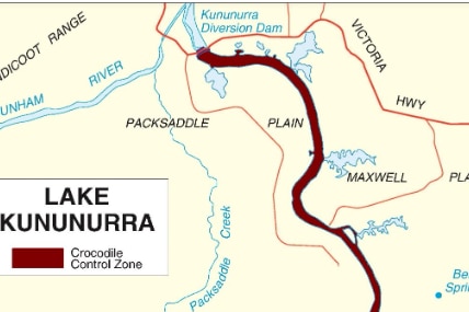 a map shows a river shaded in red where the crocodile control zone is