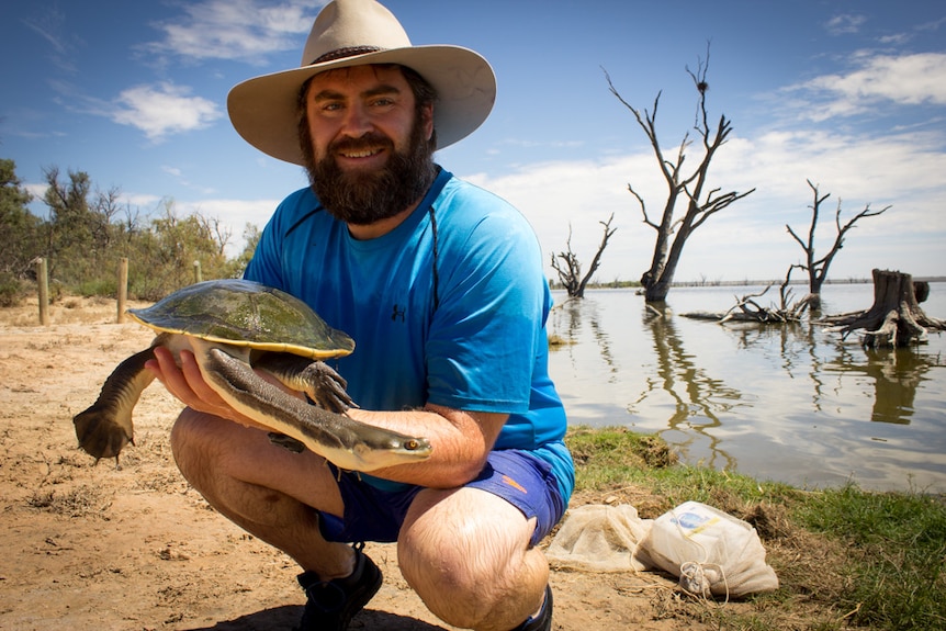 Western Sydney University researcher Dr James van Dyke with a broad shelled turtle at Lake Bonney.