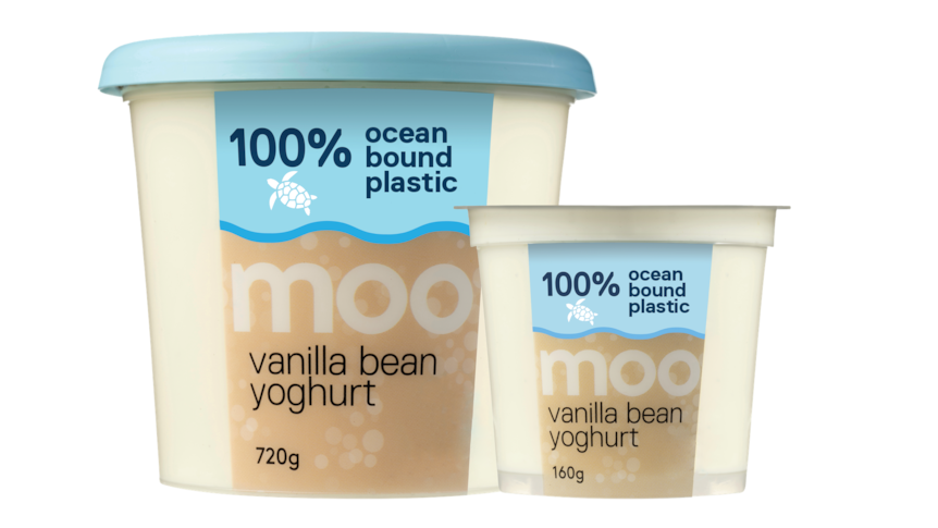 A Moo yoghurt branded vanilla yoghurt tub labelled 100 per cent ocean bound plastic