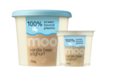 A Moo yoghurt branded vanilla yoghurt tub labelled 100 per cent ocean bound plastic