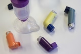 Asthma medications including a spacer and various inhalers