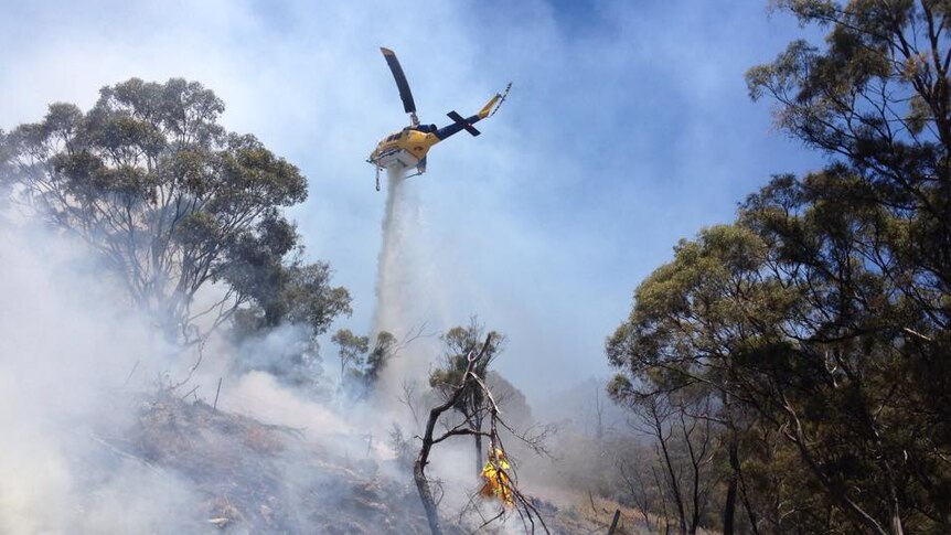 A water bombing helicopter drops water on a fire in Tasmania
