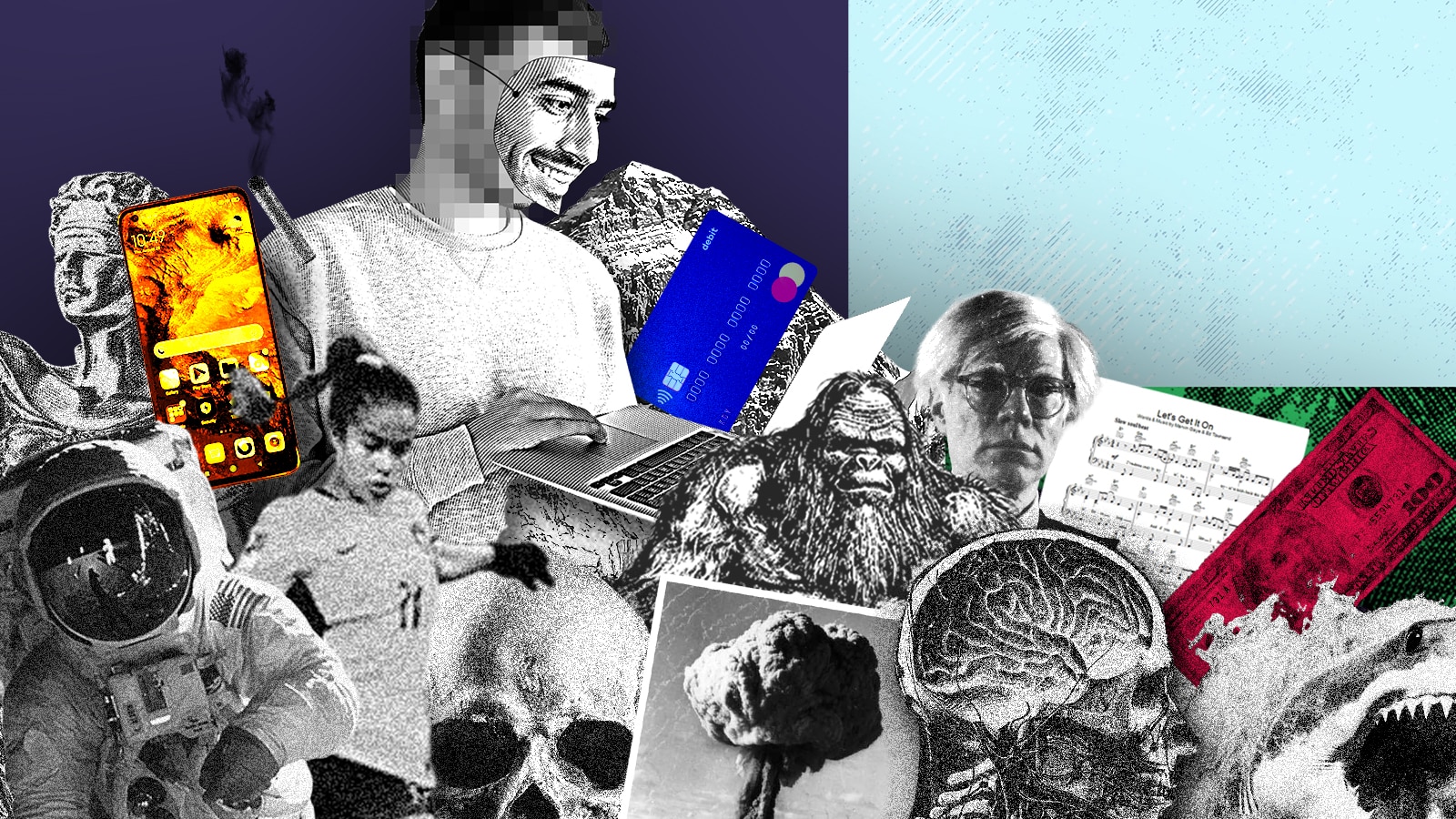 A collage of things like skeleton, shark, money, soccer player, music score, etc to show a diverse range of subjects.