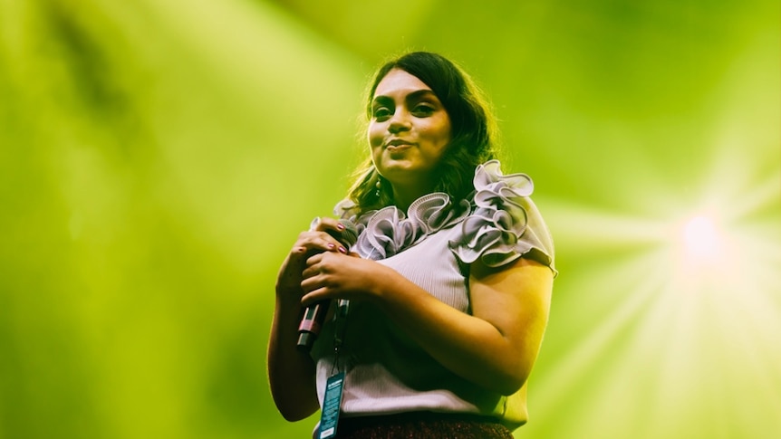 Thelma Plum performing live at the GW McLennan tent for Splendour In The Grass, 19 July 2019