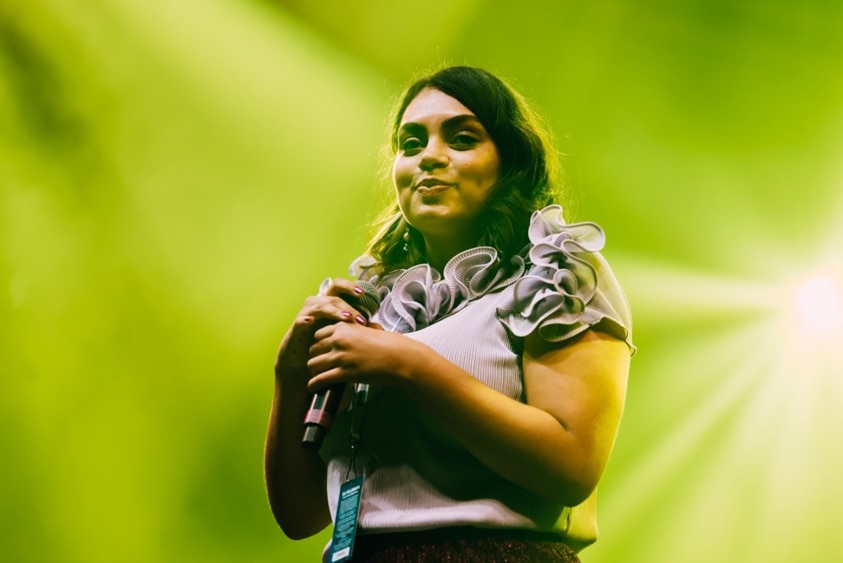 Thelma Plum performing live at the GW McLennan tent for Splendour In The Grass, 19 July 2019