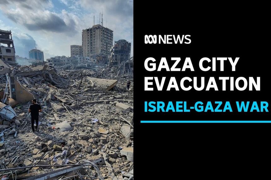 Gaza City Evacuation, Israel-Gaza War: A lone figure stands among the rubble of bombed out urban setting.