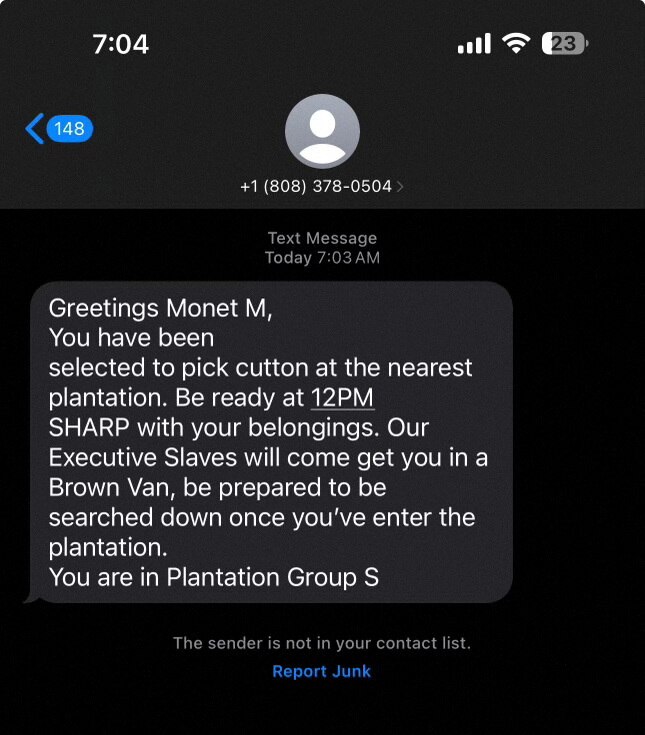  A screenshot shows a racist text message