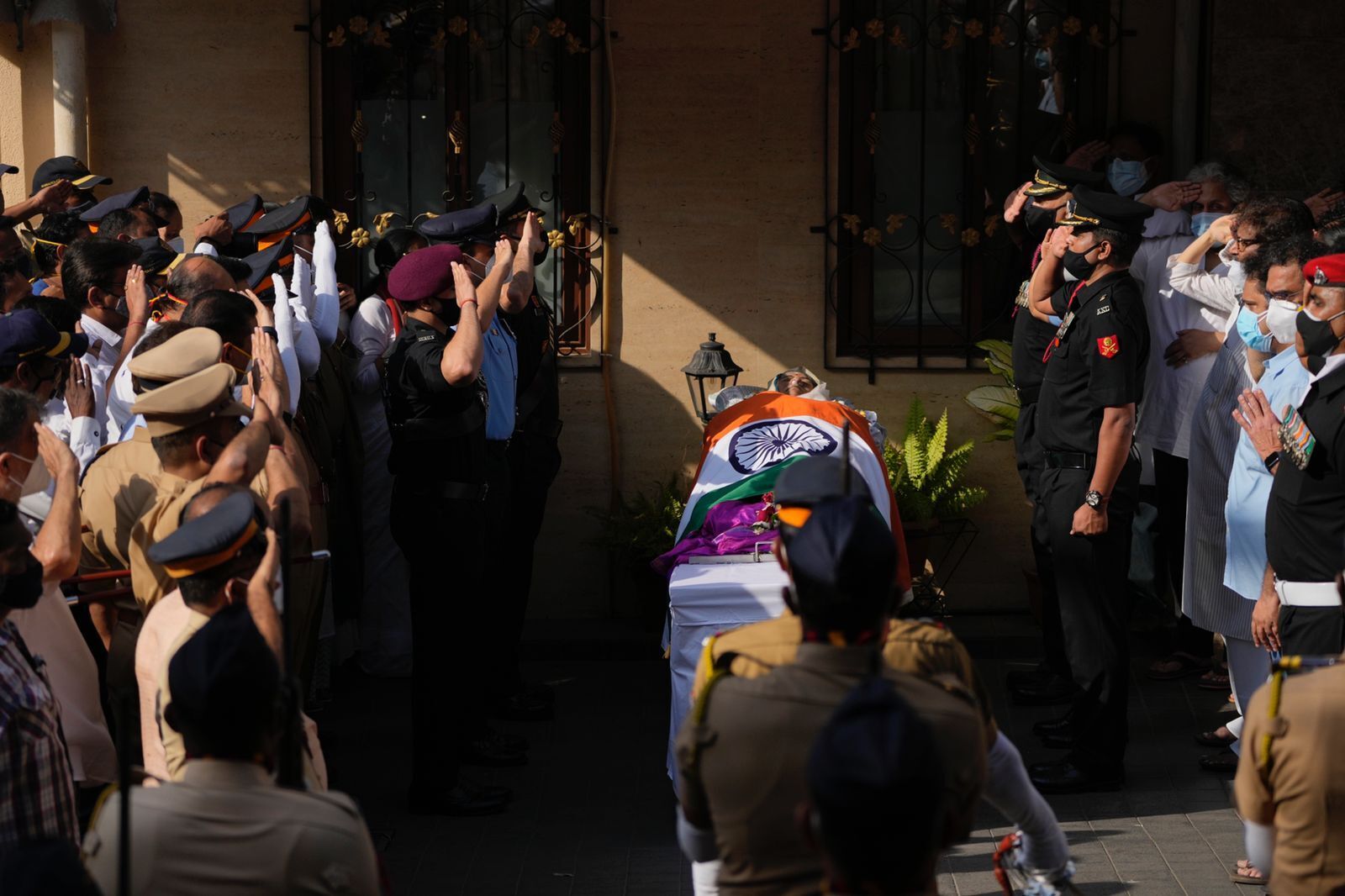 Defence forces salute Lata Mangeshkar's coffin in a guard of honour, Mumbai, India, February 6, 2022.