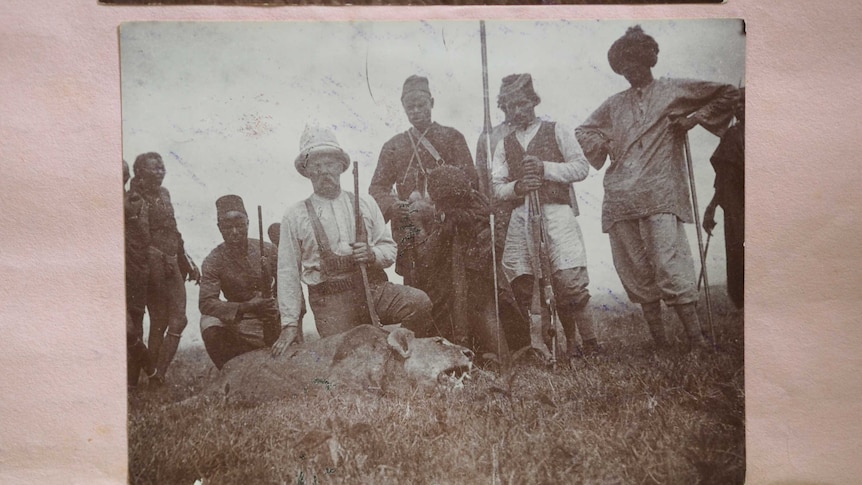 Photo of a group of hunters with a lion they have killed on safari in South Africa.