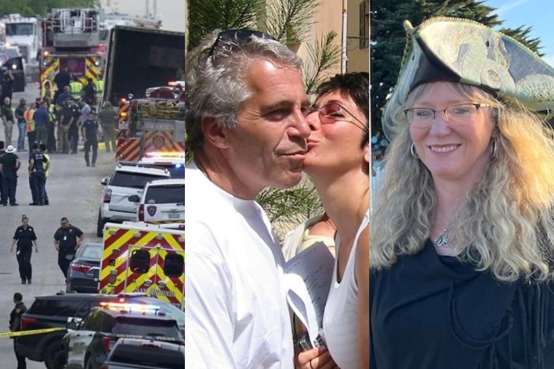 Composite image of emergency services vehicle, ghislaine maxwell kissing jefrey epstein on cheek, pastafarian woman wearing hat