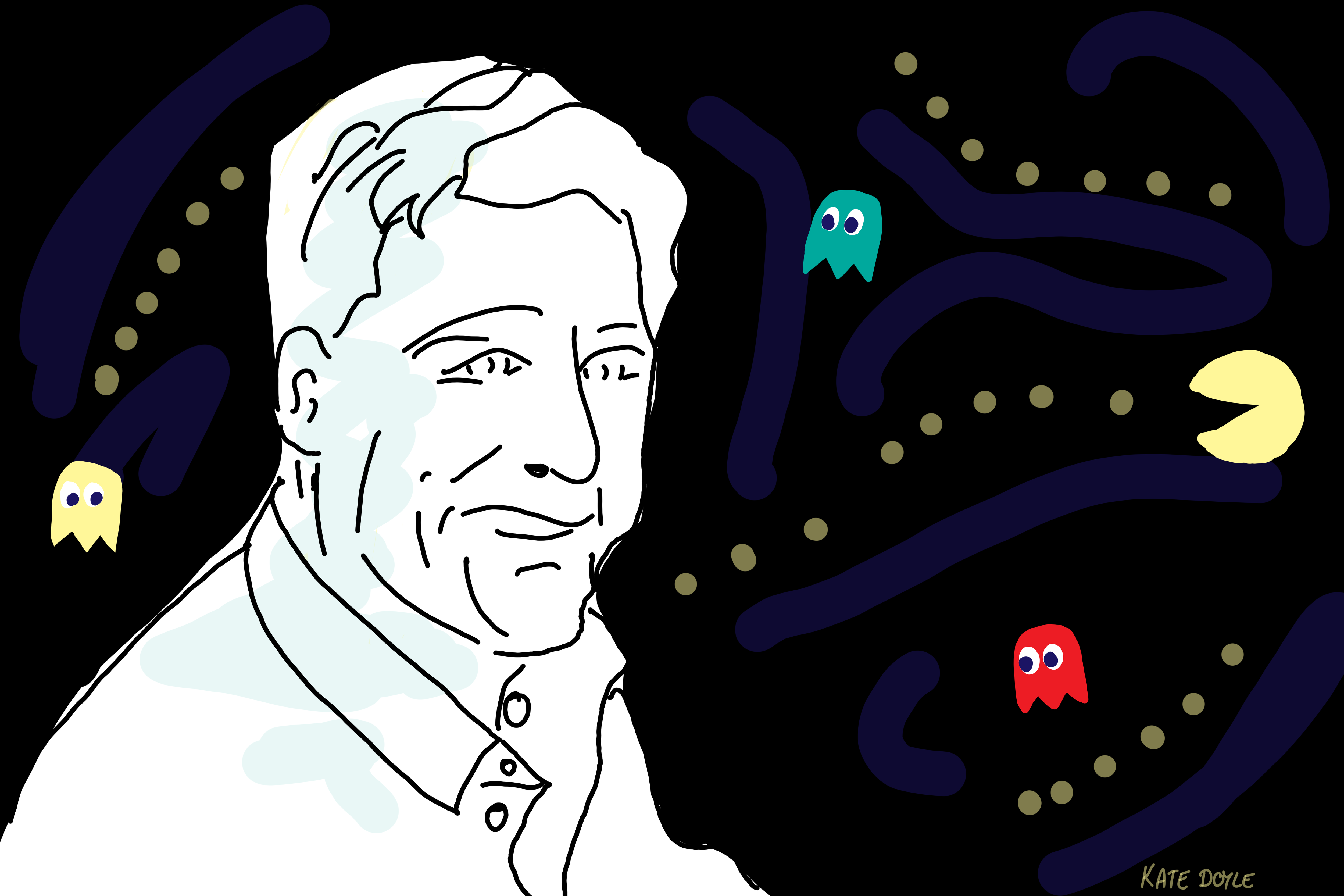 A line drawing of a man against a dark background with Pac-Man characters zooming around in it.