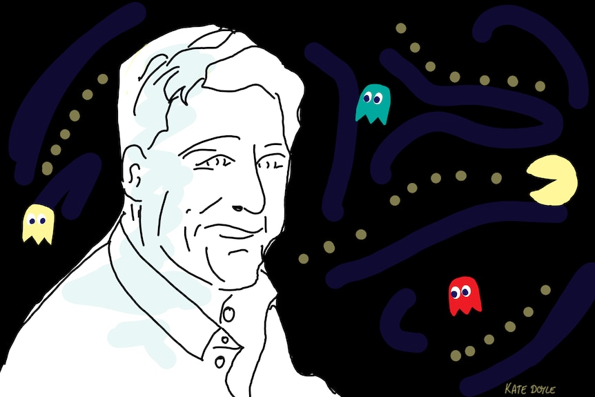 A line drawing of a man against a dark background with Pac-Man characters zooming around in it.