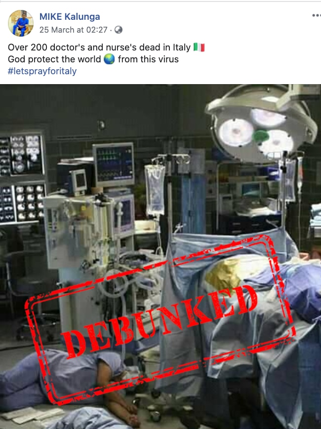 A Facebook post captions a picture from an episode of Grey's Anatomy as the deaths of 200 doctors and nurses in Italy