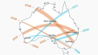 A map of Australia shows the dates for upcoming solar eclipses and where they will pass through.
