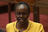 Lucy Gichuhi, wearing a bright yellow jacket, gestures with one hand as she stands up in her Senate spot.