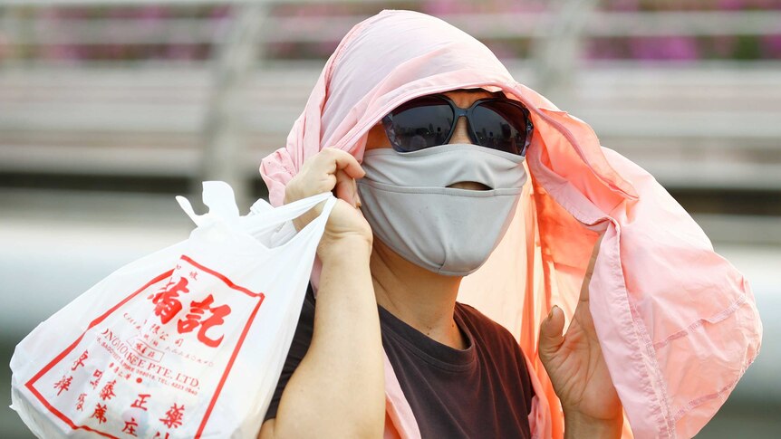 A tourist wearing a mask to protect against the haze is seen in Singapore.