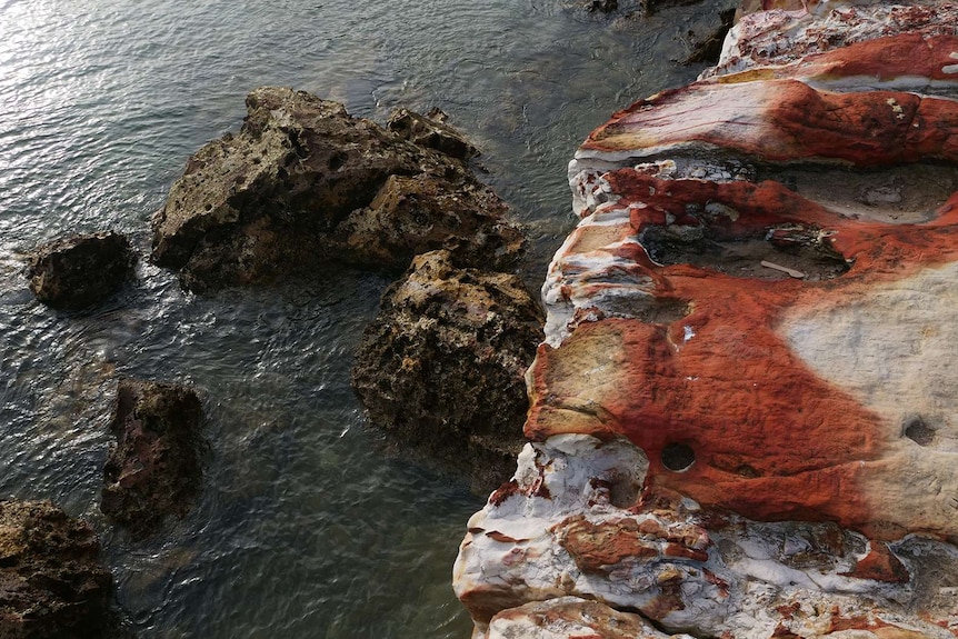 A photo of colourful cliffs off the Darwin coast.