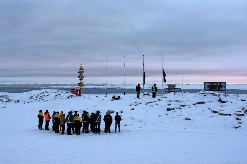 Anzac dawn service at Casey research station, Antarctica.