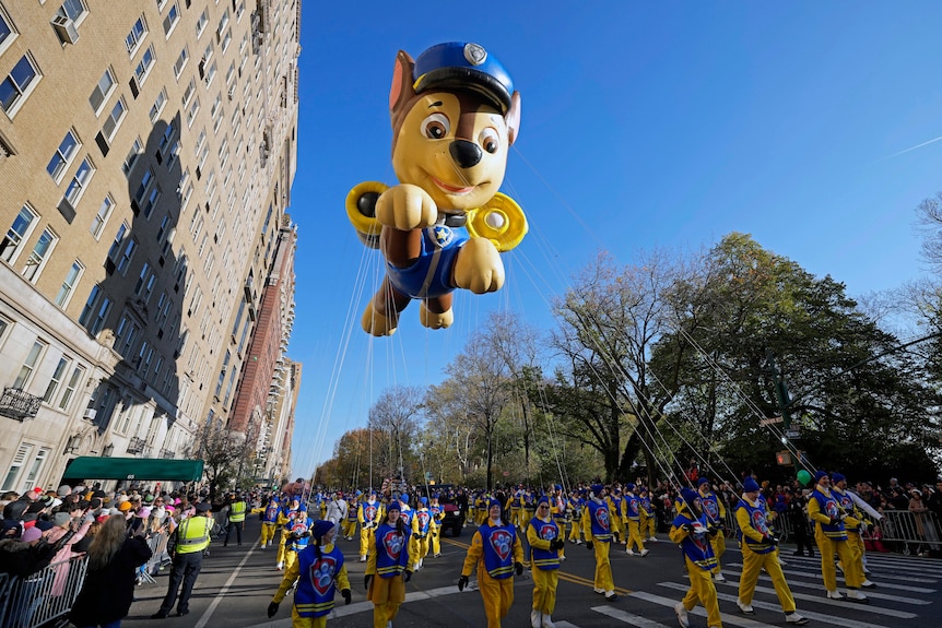 The Paw Patrol balloon floats in the Macy's Thanksgiving Day Parade 