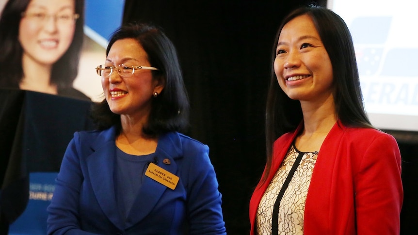 Gladys Liu and Jennifer Yang at a candidates meeting on Sunday in Chisholm.
