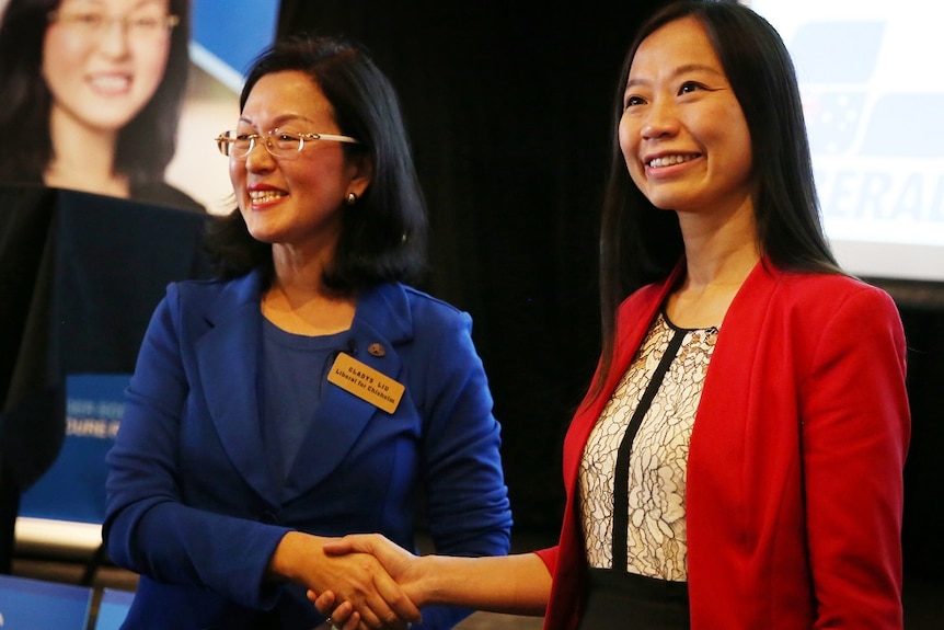 Gladys Liu and Jennifer Yang at a candidates meeting on Sunday in Chisholm.