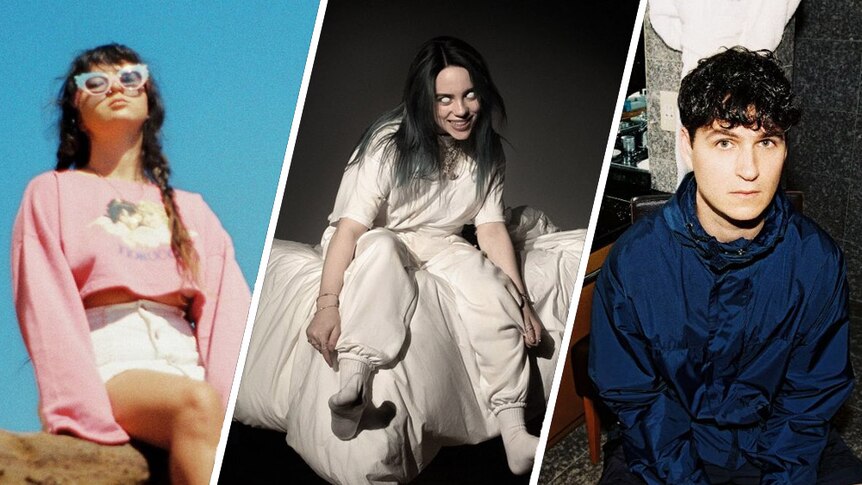 A collage of Best New Music artists Mallrat, Billie Eilish, and Vampire Weekend's Ezra Koenig