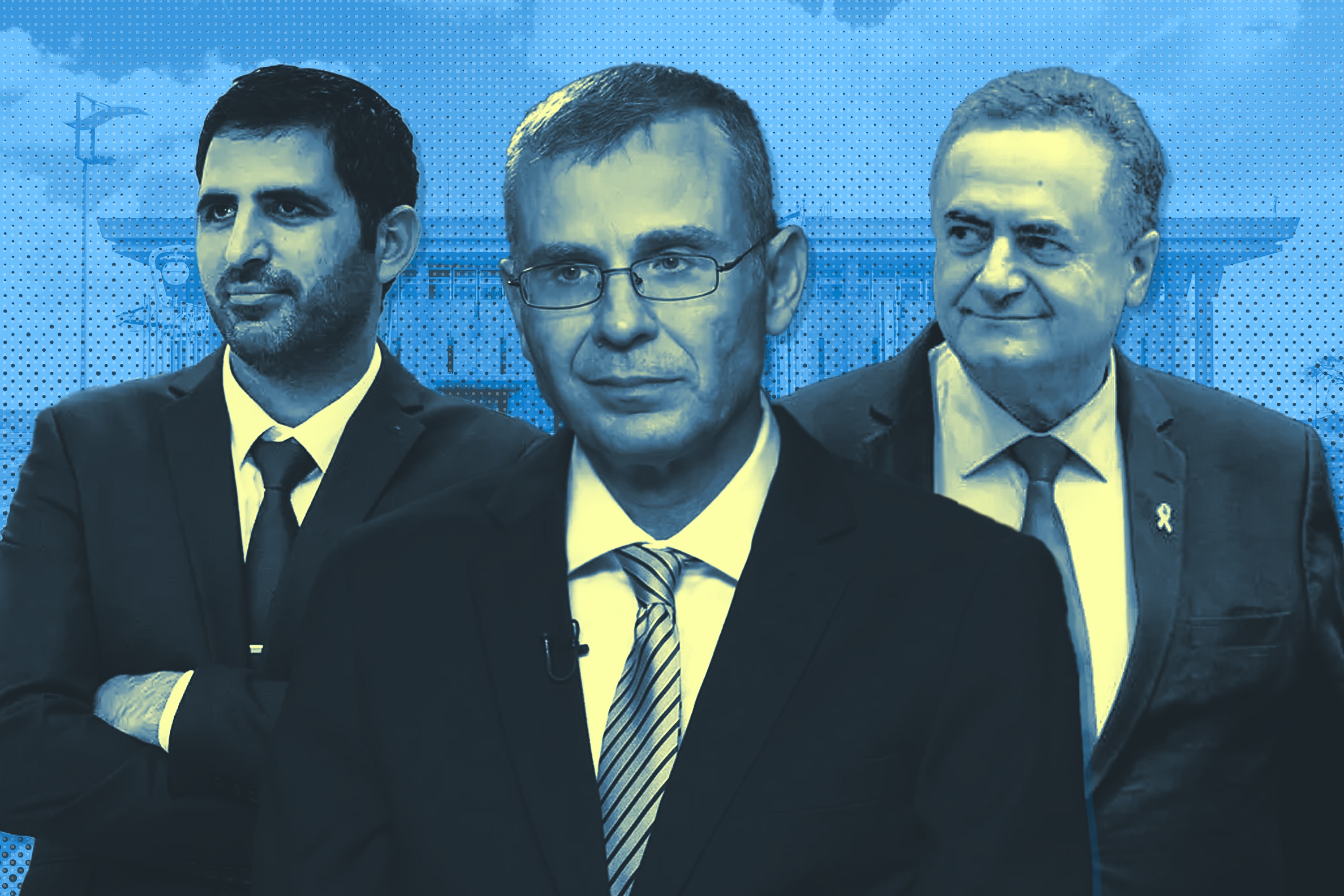 A graphic image depicting three Israeli politicians. 