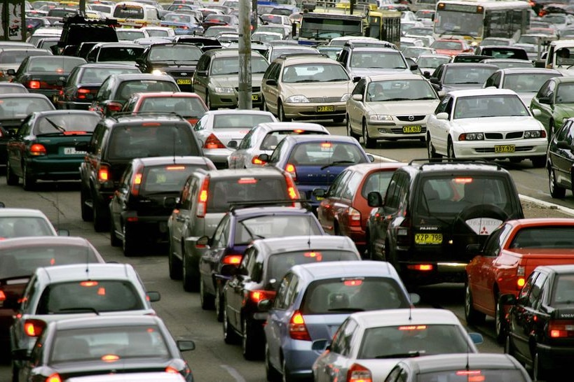 Traffic slows on a freeway