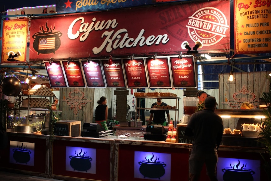 Cajun Kitchen set up at night at the 2019 Bluesfest.