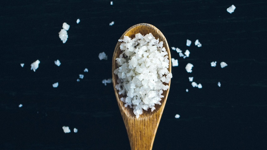 pieces of rock salt on a wooden spoon