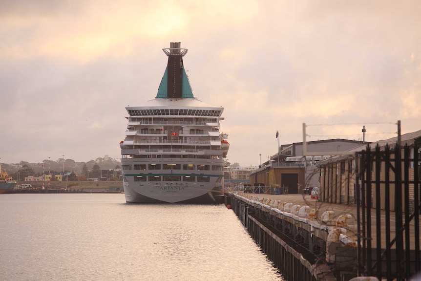 The cruise ship sits alongside the dock. It is early morning judging by the light.