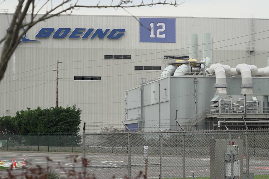 An empty carpark in front of the Boeing 737 MAX factory.