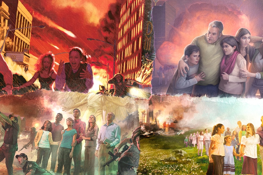 Doomsday images from Jehovah's Witnesses publications.
