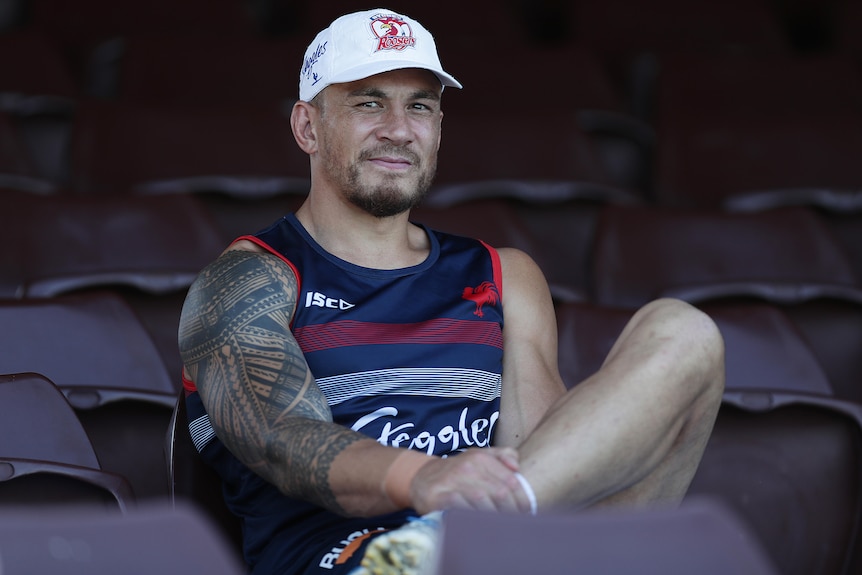 Sonny Bill Williams sits in the grandstand before joining a Roosters training session at the Sydney Cricket Ground.