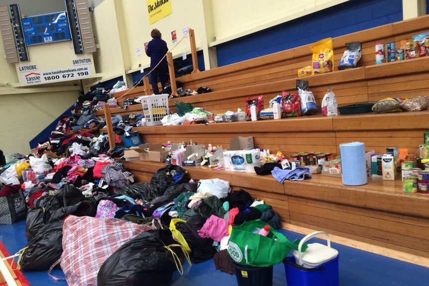 Donations of food, bedding, clothes and cleaning products at the Latrobe Basketball Club June 2016