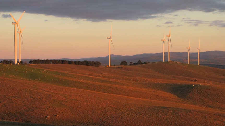 Wind farm turbines near Lake George, outside Canberra