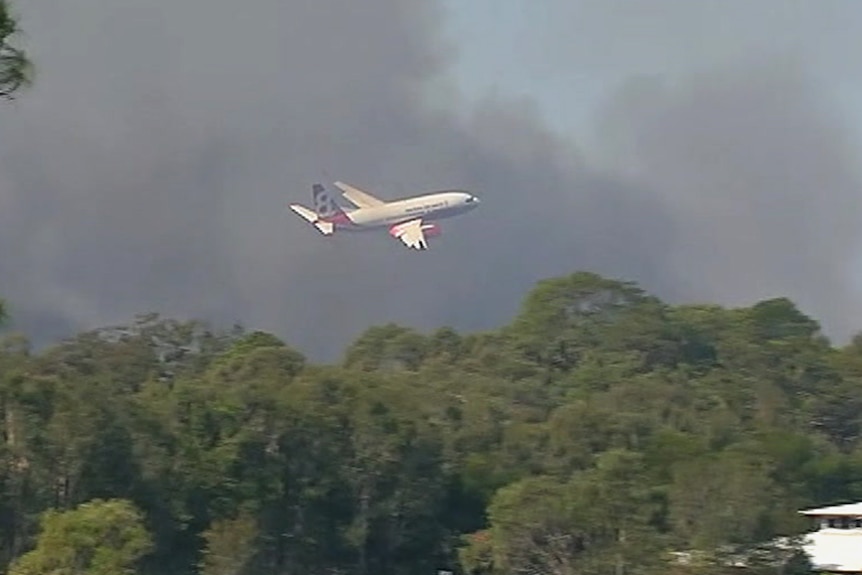 A 737 flying at low altitude over tree tops through bushfire smoke