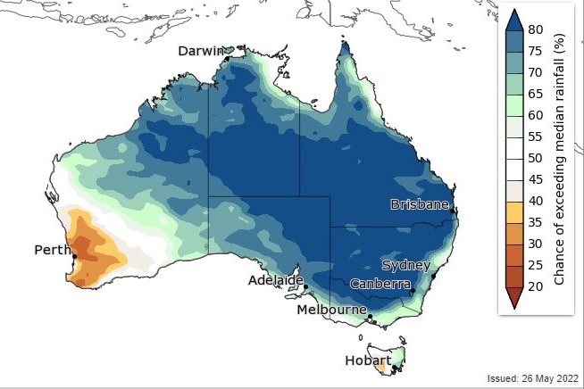 a map of Australian rainfall forecasts for the winter of 2022