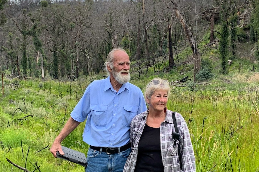 A man and woman standing in a green swamp surrounded by trees