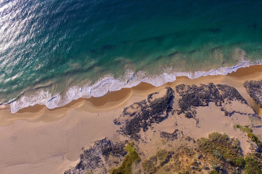 A drone shot with a birds eye view of blue waves crashing on Bunbury's Back Beach.