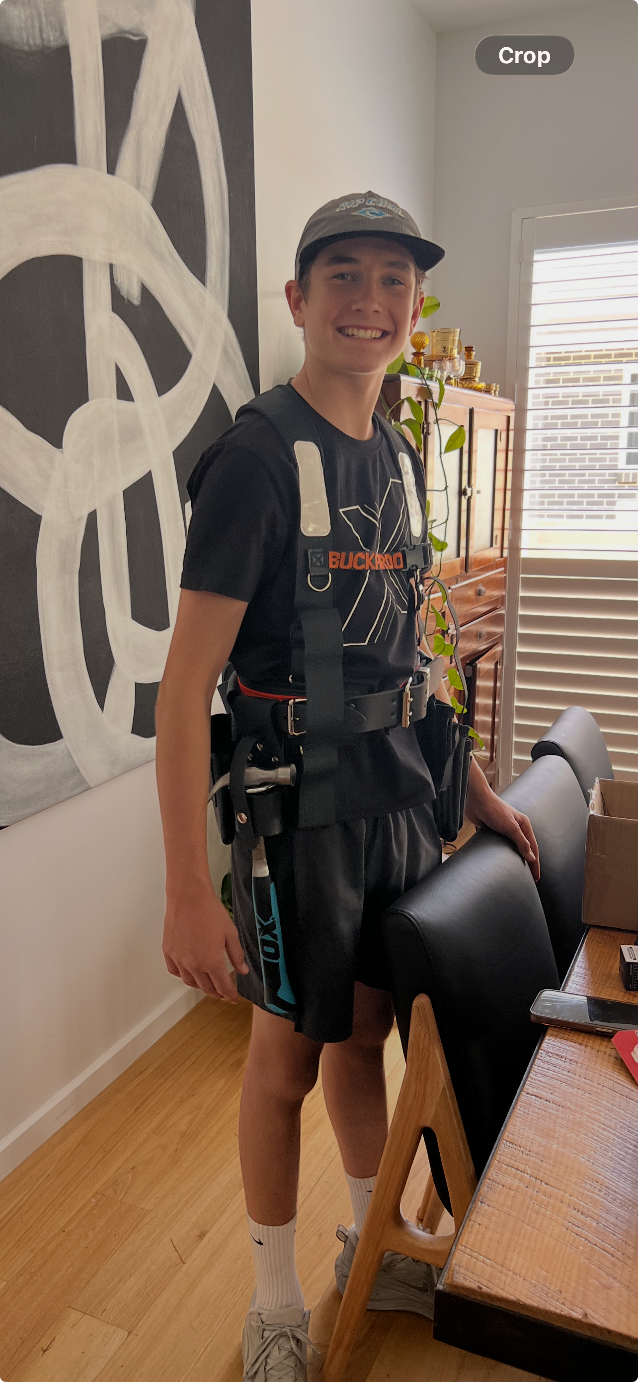 A teenage boy in hiking harness standing next to a dining table and a large painting