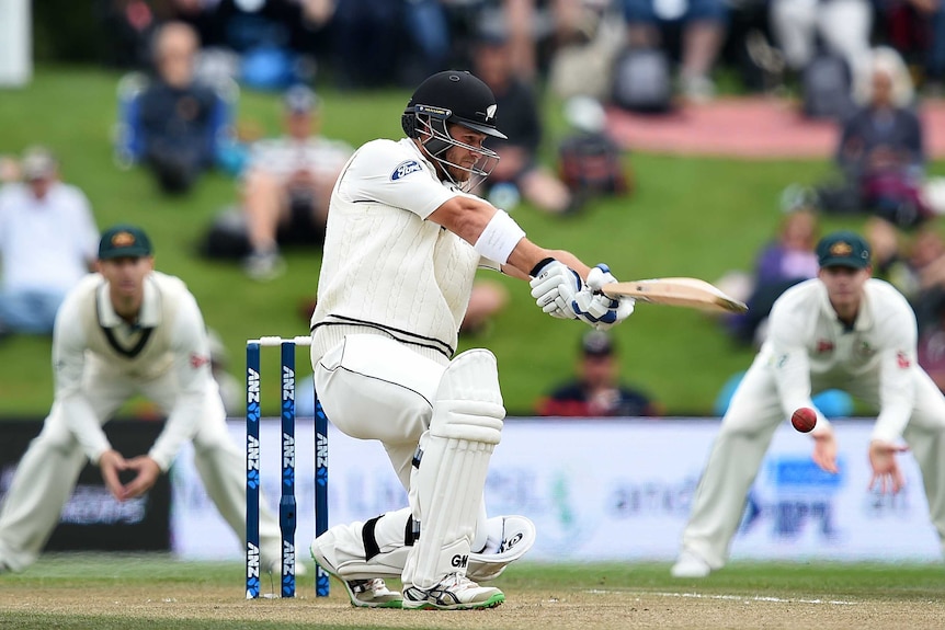 NZ batsman Corey Anderson plays a shot against Australia on day four in Christchurch.