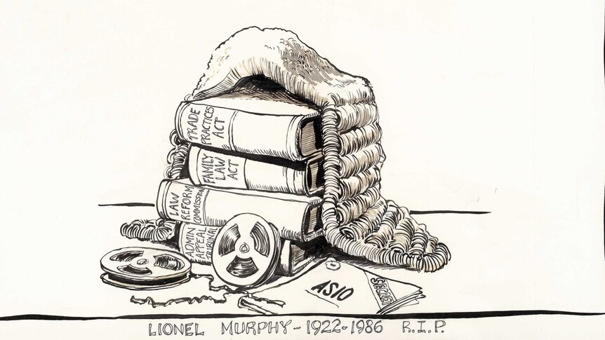 Cartoon of judge's wig hanging on books with Lionel Murphy R.I.P written on it