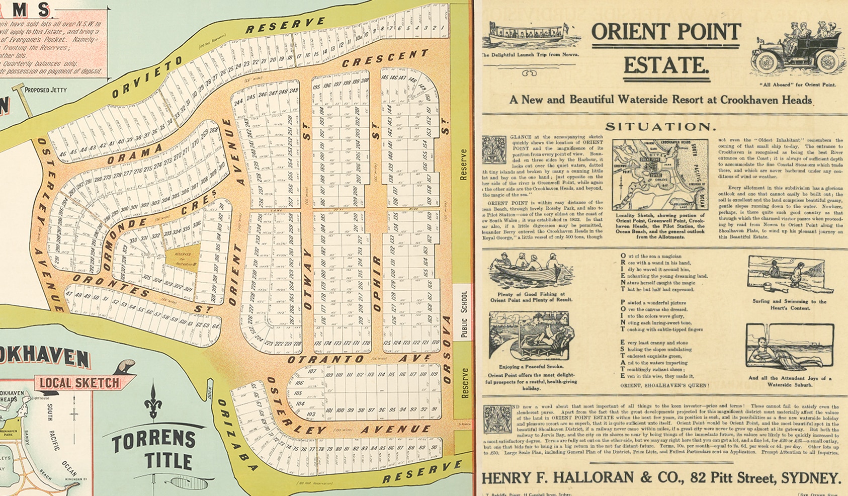 A map and pamphlet outlining the suburb of Orient Point depicts the street names all beginning with O